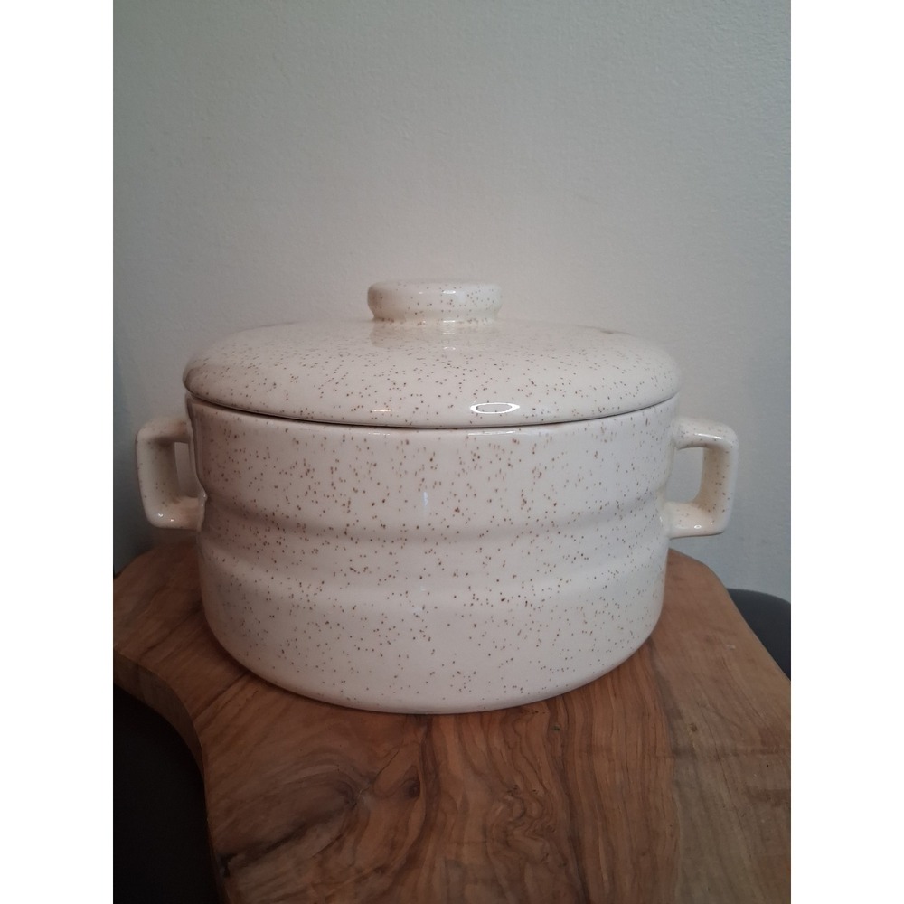Speckled Stoneware Casserole Dish with Lid Floral Wheat Design Cream